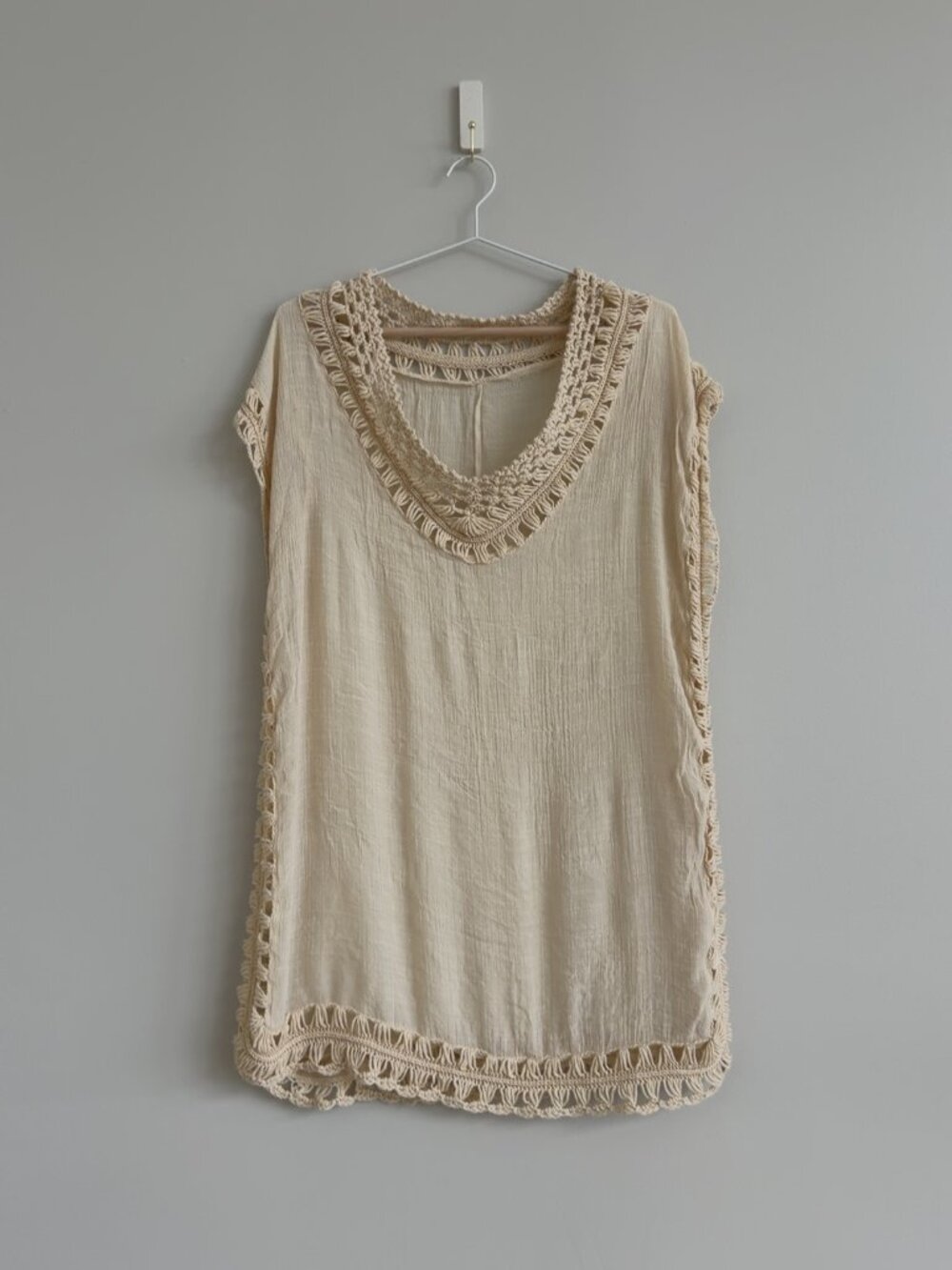 Boho Cotton Gauze Crochet Trim Poncho Top | Cream Beach Cover Up OS